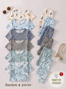 SHEIN [Bộ 6 món, giao ngẫu nhiên 2 món/bộ] Bộ đồ ngủ ôm sát cho bé trai, hàng mới về mùa xuân/hè, họa tiết thời trang bán chạy: Khủng long, Cá mập, Sư tử, Voi, Cá sấu, Gấu Koala, vải dệt kim co giãn, áo tay ngắn và quần dài. Bộ đồ ngủ 2 món - Nhiều màu - Xem 3