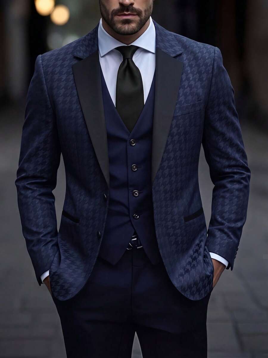 Manfinity Mode Áo khoác vest nam cổ chữ V, cài một hàng khuy, kiểu dáng thường ngày, đa năng, phù hợp cho công sở. - Màu xanh hải quân - Xem 1