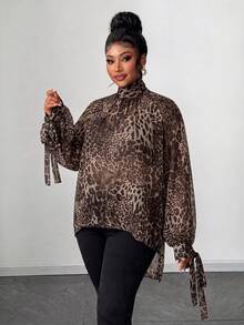 Maweii Plus Size Elegant Sheer Polka Dot Mock Neck Loose Cuffed Bow Tie Cuff Long Sleeve Blouse - Multicolor - View 2