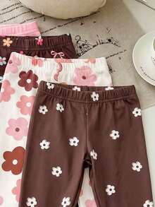 4pcs Baby Girls Light Pink Dark Brown White Floral Autumn Casual Cute Nursery Back-To-School Leggings Set Retro Striped Bow Print Cotton Brunch - Multicolor - View 3