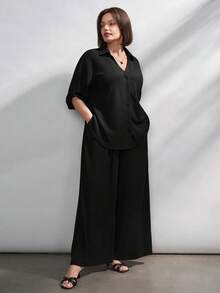 Chikora Plus Size Women's Solid Color Single-Breasted Top And Wide-Leg Pants Set, Suitable For Office Wear And Various Occasions In Summer - Black - View 7