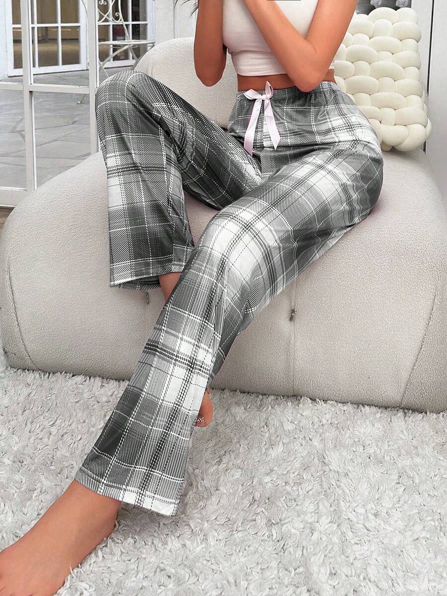 SHEIN Plaid Print Bow Decor High Waist Pajama Pants - Grey - View 1