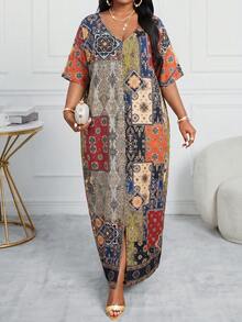 SHEIN Lady 大码休闲拼接印花连衣裙 - 彩色 - 查看 4