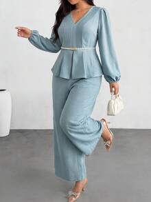 Modelyn Conjunto informal de 2 piezas de talla grande para mujer con blusa de manga farol plisada de cuello en V y pantalones de pierna ancha - Verde - Ver 9
