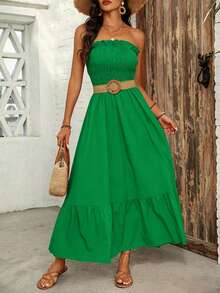 EMERY ROSE Vestido Longo Casual Feminino Sem Alças para Férias de Verão com Decoração Simples de Babados - Verde - Visão 3