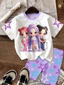 Young Girl Cartoon Print Round Neck Short Sleeve T-Shirt And Shorts Casual Daily Outfit - Multicolor - View 3