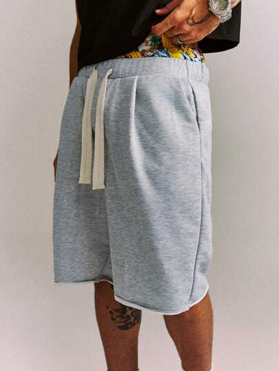 CRAVYNX Men's Gray Loose Casual Knee Length Shorts With Frayed Hem, Summer And Versatile Shorts, Baggy Oversized Shorts