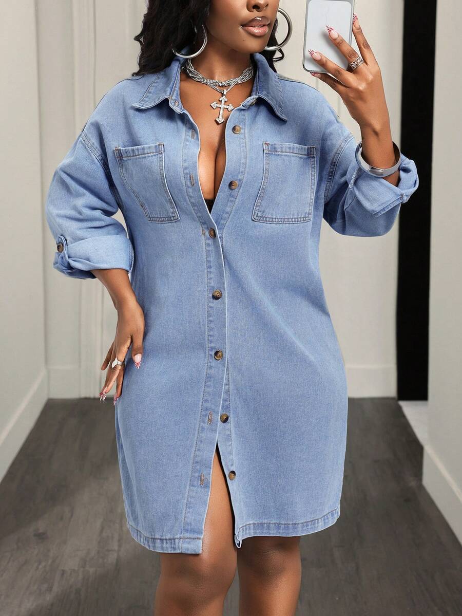 Slaydiva Women's Front Button Denim Dress - Brown - View 1
