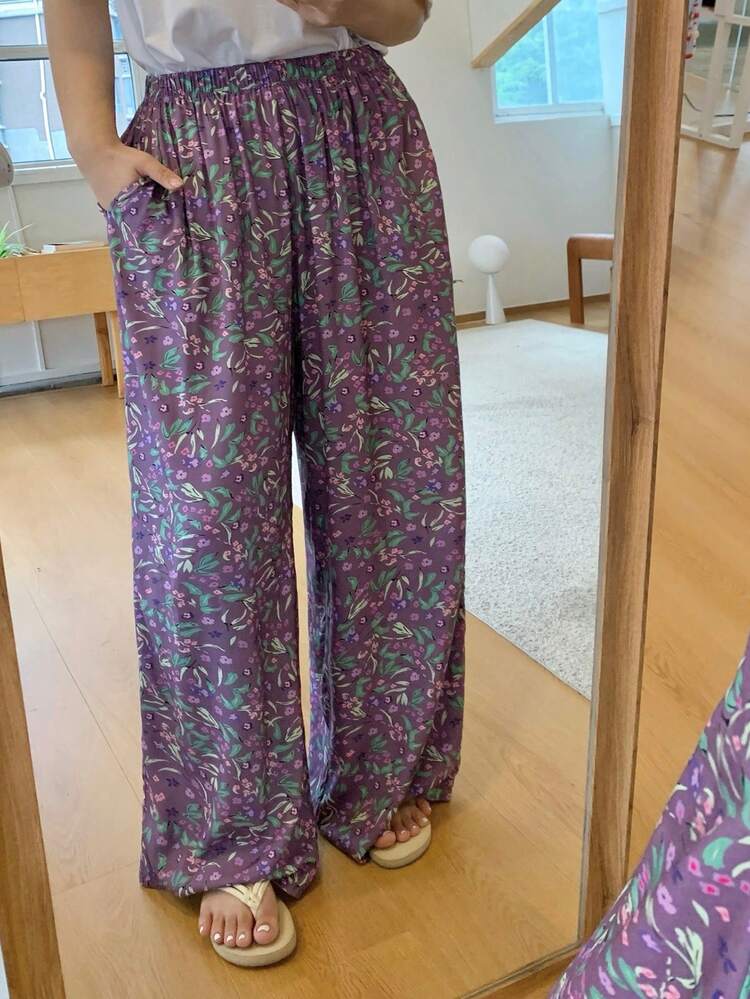 Dazy Plus Plus Size Women Ditsy Floral Elastic Waist Loose Fit Sleepwear Bottoms, Suitable For All Seasons
