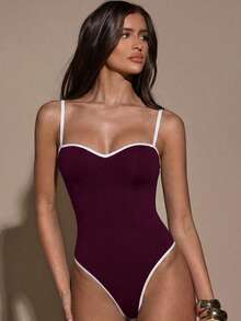 SHEIN BAE Áo liền thân nữ kiểu dáng thường ngày với viền tương phản - Màu tím - Xem 4