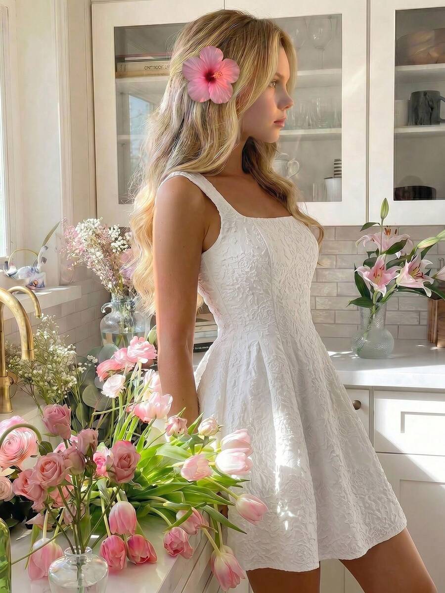 SHEIN 一件优雅提花无袖方领拉链后背修身白色连衣裙，适合青少年和年轻女性，休闲、派对、日常外出穿着。 - 白色 - 查看 1
