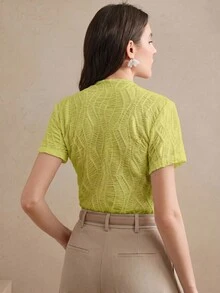 Anewsta Essential Anewsta 夏季优雅度假海滩节日休闲女式针织纹理褶皱杏色短袖T恤 - 綠色 - 查看 6