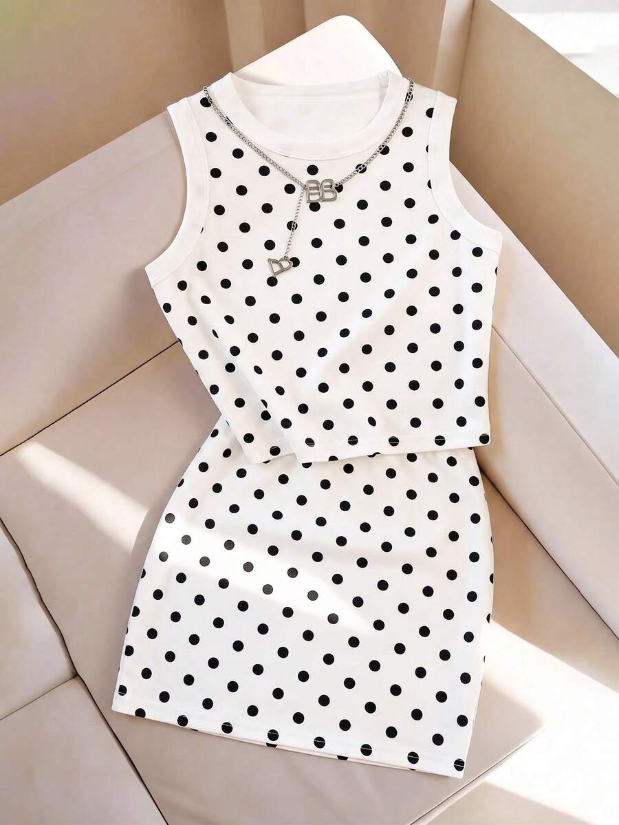 GlowEve Women's White And Black Polka Dot, Summer, Casual, Vacation Sleeveless Top And Bodycon Mini Skirt 2-Piece Set, Elegant Party Cocktail - Black and White - View 1