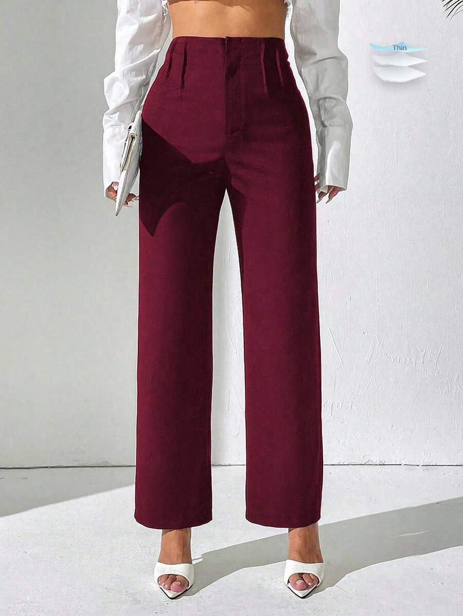 SHEIN PETITE 女款純色高腰百褶直筒寬鬆辦公長褲,秋季布料,適合小個女版 - 酒紅色 - 查看 1