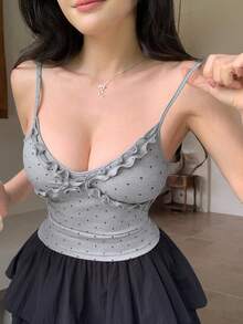 Joudiya Áo hai dây cami nữ phong cách hot girl, dáng ôm slim fit, phối ren patchwork màu xám, kiểu casual dạo phố, mặc lớp lót outdoor, phong cách đi biển nghỉ dưỡng, phù hợp lễ Valentine, mùa xuân hè, lễ hội âm nhạc - Xám - Xem 8