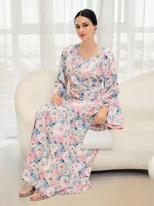 Yasmyna 女士印花长袖纽扣设计阿拉伯风格连衣裙 - 彩色 - 查看 2