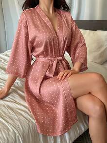 DAZY 女士波点印花系带睡袍 - 粉色 - 查看 10