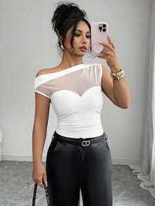 Selianne بدلة نسائية جديدة لفصل الصيف، بتصميم كتف أسود مشقوق وخصر مطوي من الشبك، مناسبة للحفلات والعطلات - أبيض - مشاهدة 3