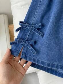 Tween Girls' Summer Casual Elastic Waist Denim Shorts With Bow Decor - Medium Wash - View 4