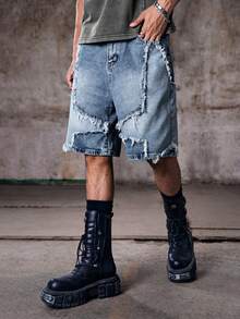 Skyrend Loose Fit Wide Leg Denim Shorts, Y2K Baggy Mid-Length Jeans Shorts, Casual Street Style, Cotton Slant Pocket Denim Shorts, Summer Jeansemo - Blue - View 5