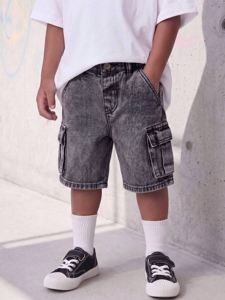 Quần short kaki denim wash dáng rộng tiện dụng cho bé trai mùa hè, cạp chun co giãn, ống suông. - Xám - Xem 1
