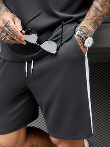 Manfinity CasualCool Men's Summer Streetwear Grey Loose T-Shirt And Drawstring Shorts Set,Going Out Casual Sports Contrast Sideseam Daily Commute Old Money Outfit - Multicolor - View 6