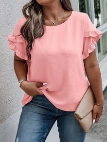 SHEIN Clasi Plus Size Women Textured Vacation Ruffle Sleeve Round Neck Blouse - Dusty Pink - View 5
