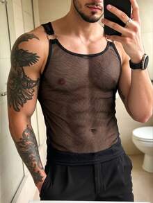 Manfinity Dauomo 男士网纱透视休闲上衣 - 黑色 - 查看 3