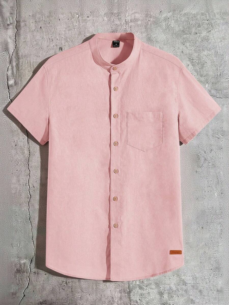 AXEPEAK Men's Fashionable Summer Simple Solid Color Woven Short Sleeve Shirt - Pink - View 1