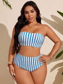 SHEIN Swim Curve Plus Size Women Casual Summer Striped Bikini Set - Multicolor - View 3