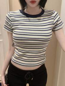 DAZY Colorblock Striped Short Sleeve Round Neck Casual Summer T-Shirt For Women Graphic Tee - Blue - View 8