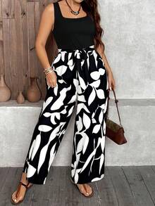 SHEIN LUNE Plus Size Women Sleeveless Floral Print Wide Leg Jumpsuit - Black and White - View 4