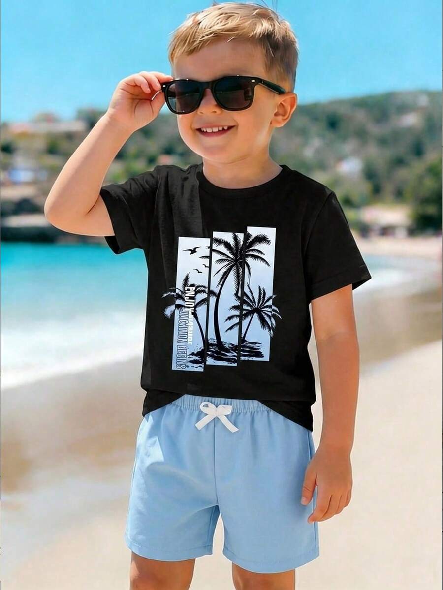 SHEIN Setelan Kaos Lengan Pendek dan Celana Pendek Motif Pohon Palem Tropis dan Huruf untuk Anak Laki-Laki, Pakaian Kasual untuk Liburan & Sehari-hari - Biru - View 1