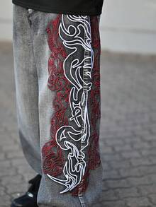 Devon Thys 1pc Infinite Jeans Hong Kong Style High Street 3D Embroidery Floral Fashion Versatile Men's Washed Loose Wide Leg Jeans (Product Does Not Include Belt And Accessories) - Black - View 3