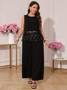Miaspire Conjunto de suéter de cuello redondo con parches de encaje para mujer de talla grande - Negro - View 4