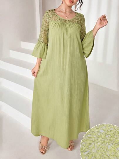 Al Najma Round Neck Lace Patchwork Green Arabic Style Dress