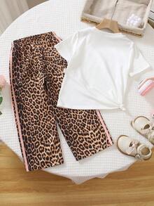 SHEIN Elladie kids 2件套女童甜美蝴蝶结短袖T恤和雏菊格纹长裤套装，清新百搭，舒适透气，适合日常玩耍和户外拍照，柔软可爱，专为婴幼儿设计的夏季休闲套装。 - 棕色 - 查看 5