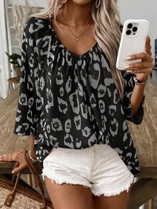 Louniche Women's Leopard Print Bohemian Style V-Neck Ruched Loose Blouse - Black - View 4