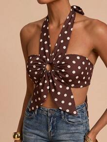 Travachic Polka Dot Print Satin Halter Neck Tie Top - Brown - View 3
