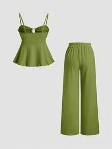 Sweetra Bộ đồ nữ kaki dáng rộng buộc dây và quần ống đứng thoải mái, thích hợp cho mùa xuân/hè. - Màu xanh Ô liu - Xem 2