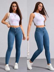 SHEIN PETITE Women's Skinny Elastic Pastal Denim Jeans, Summer Casual Sexy Everyday Chic Elegant Solid All Match Street Style Petite Fitted Casual Wear Swimming - Dusty Blue - View 8