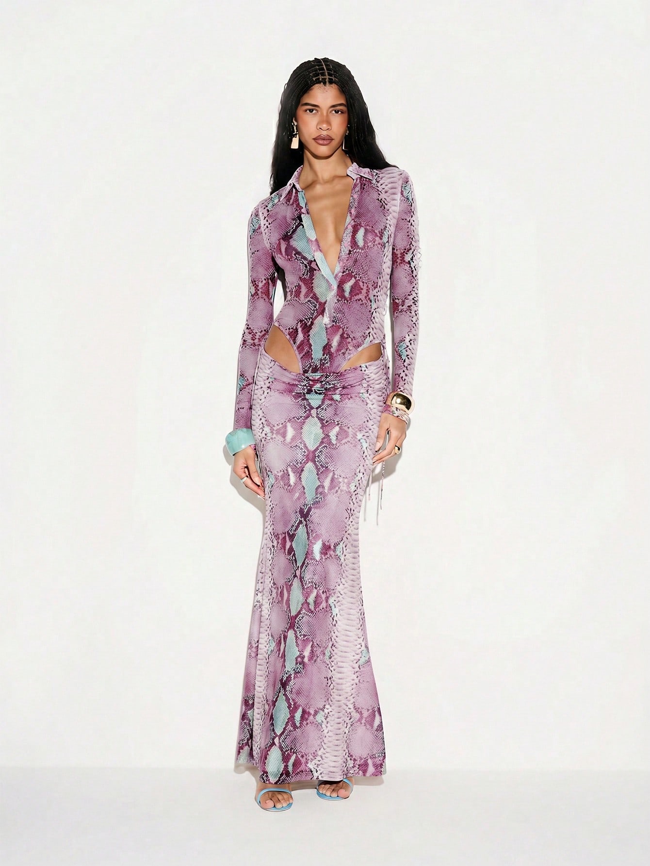 Snake Print Mesh Maxi Skirt With Ties