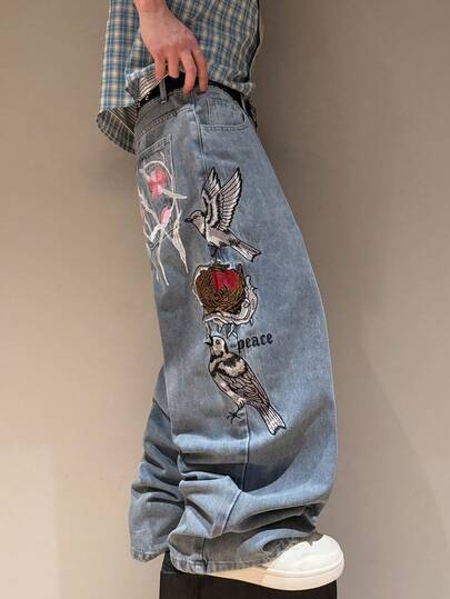 STEELVANCE Jeans casuales de pierna recta holgados con lavado vintage y bordado, ropa de calle versátil