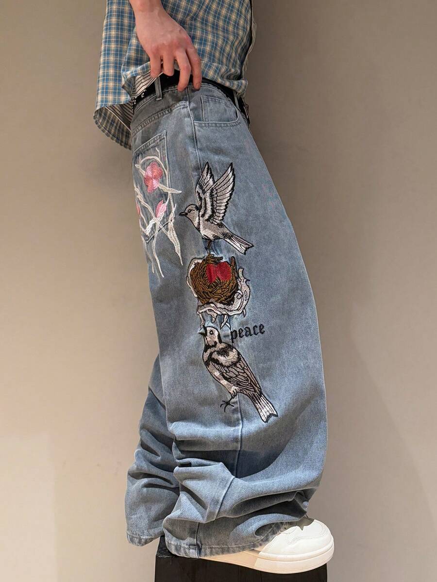 STEELVANCE Vintage Washed Embroidered Loose Straight Leg Casual Jeans, Versatile Streetwear - Light Wash - View 1