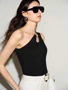 Lumivelle Women's Asymmetric Neckline Hollow-Out Metal Decor Fitted Sleeveless Top, Pastal, Summer, Seksi Chic Sexy, Golf, Solid Color Oblique Shoulder Party - Black - View 7