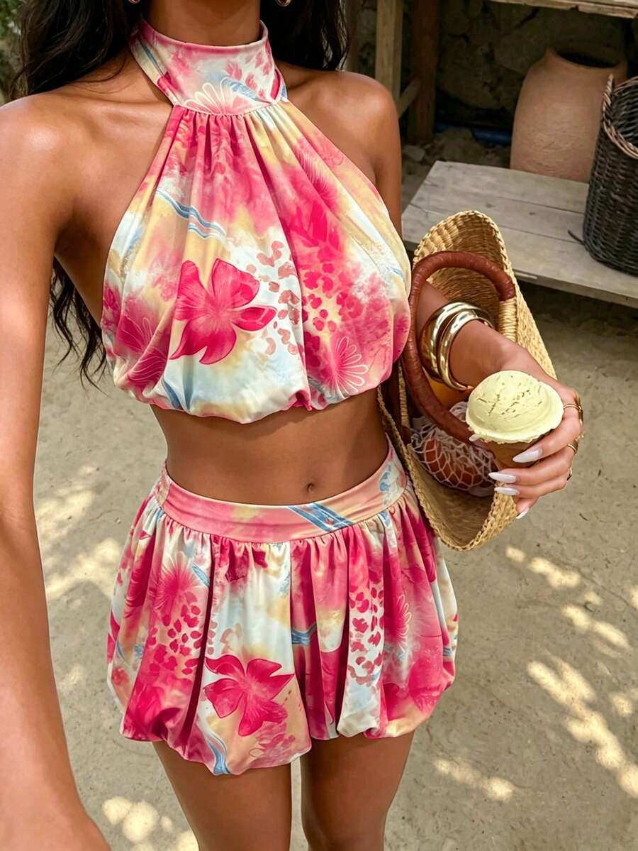 SHEIN Glamour 2件組女款粉色花卉夏季波西米亞風海灘度假裝，掛脖露背無袖上衣與裙褲套裝，度假度假村穿搭街頭風 - 彩色 - 查看 1