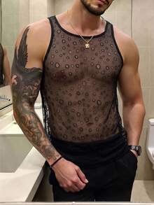 Manfinity Dauomo Áo vest nam gợi cảm, ren lưới rách xuyên thấu, ôm sát. - màu đen - Xem 3