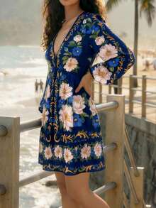 CAJUNI Robe courte bleu marine à manches longues avec imprimé floral élégant - Bleu azur - Voir 3