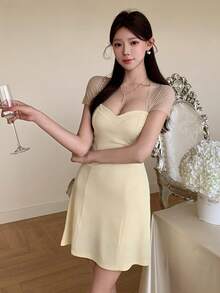 DAZY 春夏女士网纱拼接露背连衣裙，性感收腰A字迷你连衣裙，优雅黄色长裙 - 黃色 - 查看 9