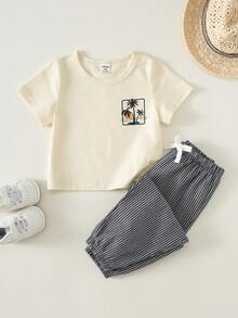 SHEIN Bộ đồ thường ngày cho bé trai gồm áo thun cổ tròn tay ngắn in hình cây dừa và quần kẻ sọc. - Nhiều màu - Xem 4